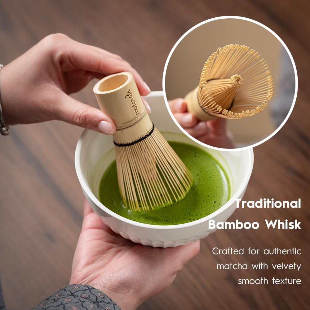 6 Pcs Matcha Set - Ceramic Bowl with Spout, Matcha Whisk with Holder, Tea Powder Canister, Sifter and Spoon, Complete Kit for Traditional Matcha, Modern Lattes, and Tea Ceremonies (White)