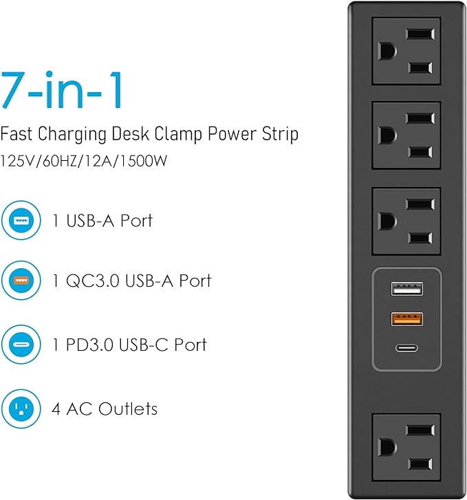 CCCEI Desk Clamp Power Strip with USB-A and USB-C Ports, Desktop Mount Surge Protector 1200J, Widely Spaced Desk Outlet Station, Fast Charging, 6 FT Flat Plug, Fit 1.9 inch Tabletop Edge. (Black)