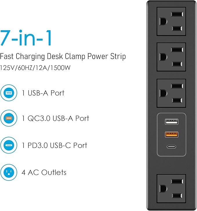 CCCEI Desk Clamp Power Strip with USB-A and USB-C Ports, Desktop Mount Surge Protector 1200J, Widely Spaced Desk Outlet Station, Fast Charging, 10 FT Flat Plug, Fit 1.9 inch Tabletop Edge. (Black)