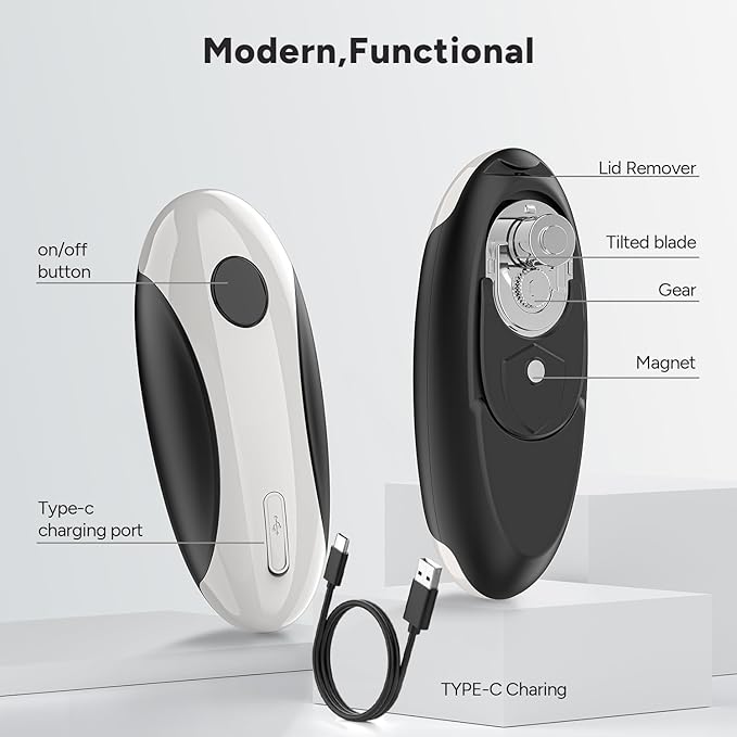 Electric Can Opener, Rechargeable Electric Can Opener for Seniors with Arthritis, Smooth Edge, Food-Safe, Side Cut Opener, One Touch Automatic Can Opener
