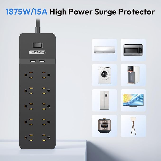 NTONPOWER 25 Ft Extension Cord ETL, 2100J Surge Protector Power Strip, 1875W/15A Overload Protection, 10 Outlets with 2 USB Ports, Wall Mountable for Workbench, Home, Office or Garage, Black