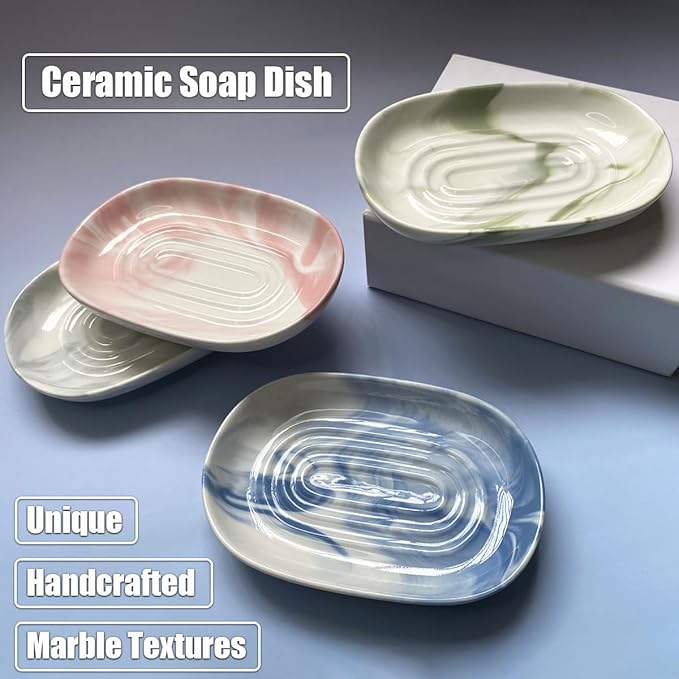 Soap Dish Ceramic, Decorative Ceramic Soap Holder with Unique Marble Textures, Bar Soap Holder for Shower, Bathroom, Kitchen, Tubs, Sink, Hotels, Counters (Green Texture)