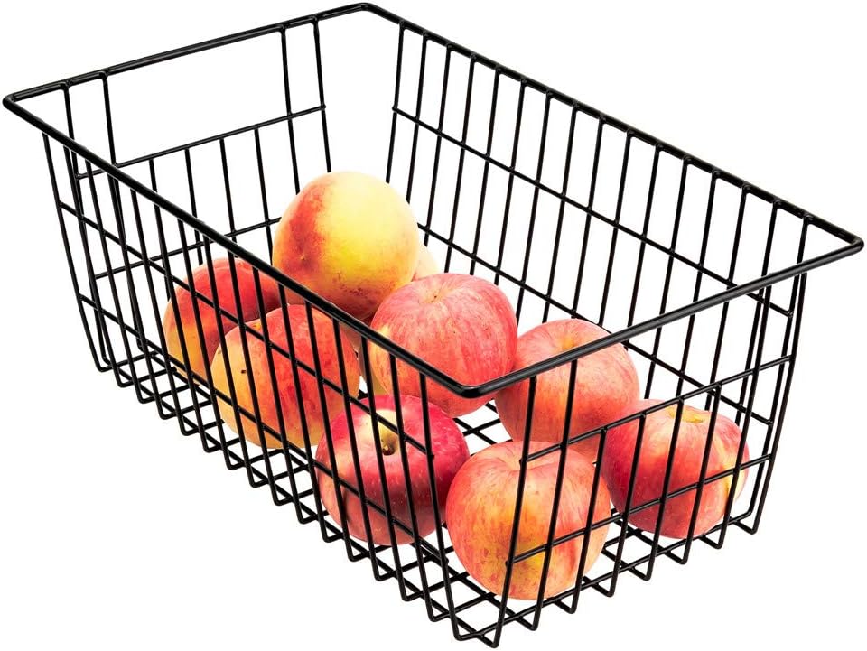 SANNO Freezer Wire Baskets, Refrigerator Freezer Baskets Wire Metal Storage Basket, Farmhouse Storage Organizer Bin for Pantry, Shelf, Kitchen, Cabinet, Bathroom Black 15.7" L x 7.9" Wx 5.9" H