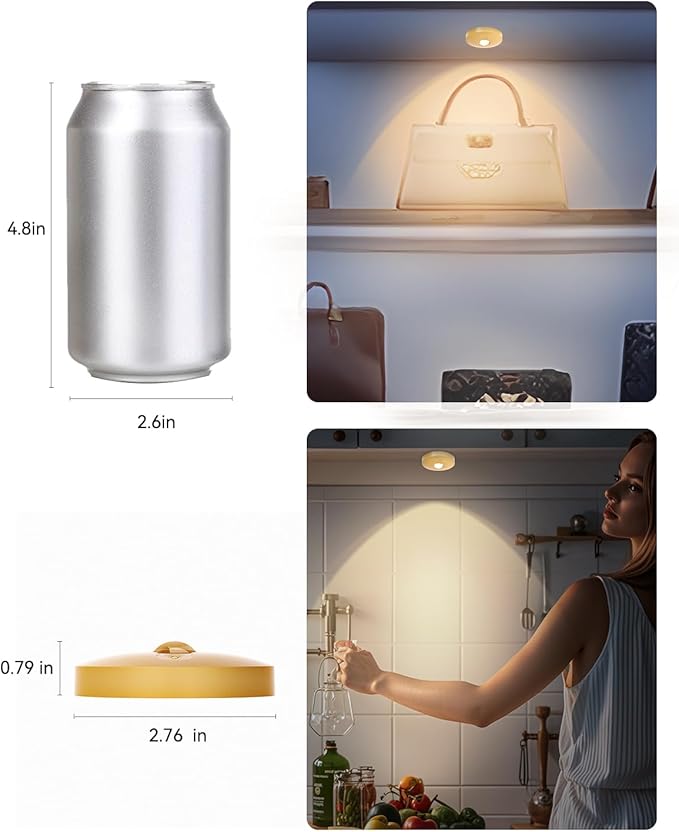 Rechargeable RGB Puck Lights with Remote Control, 1500mAh Battery Operated Push Lights, Dimmable & Timer Under Cabinet Lighting for Closet, Bedroom, Kitchen Gold 6Pcs