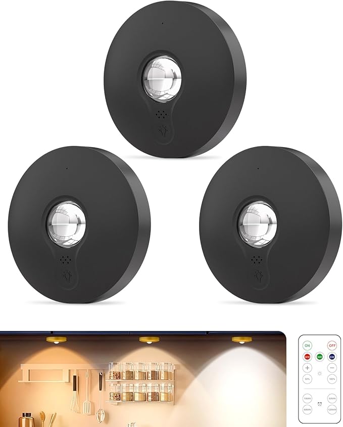 Rechargeable Puck Lights With Remote Control, 1500mAh Battery Operated Tap Lights, Dimmer & Timer Under Cabinet, Wireless LED Stick-On for Closet, Bedroom, Kitchen - Black 3Pcs