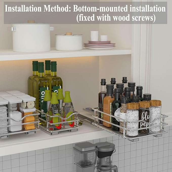 OCG 2 Tier Pull Out Spice Rack Organizer（8.3" W x 10.4" D） for Cabinet, Slide Out Seasoning Organizer Fits Spices, Sauces, Cans etc
