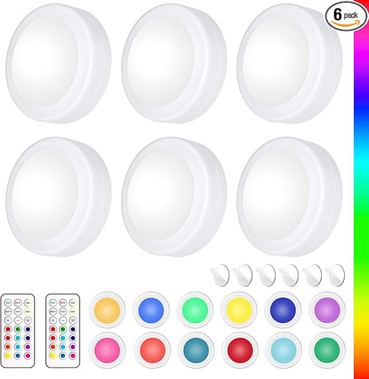 Yiliaw LED Puck Lights with Remote Control, AA Battery Operated, 12 Color Closet Under Cabinet Lighting, Push Tap Light, Under Counter for Kitchen, 6 Pack, White-Magnetic