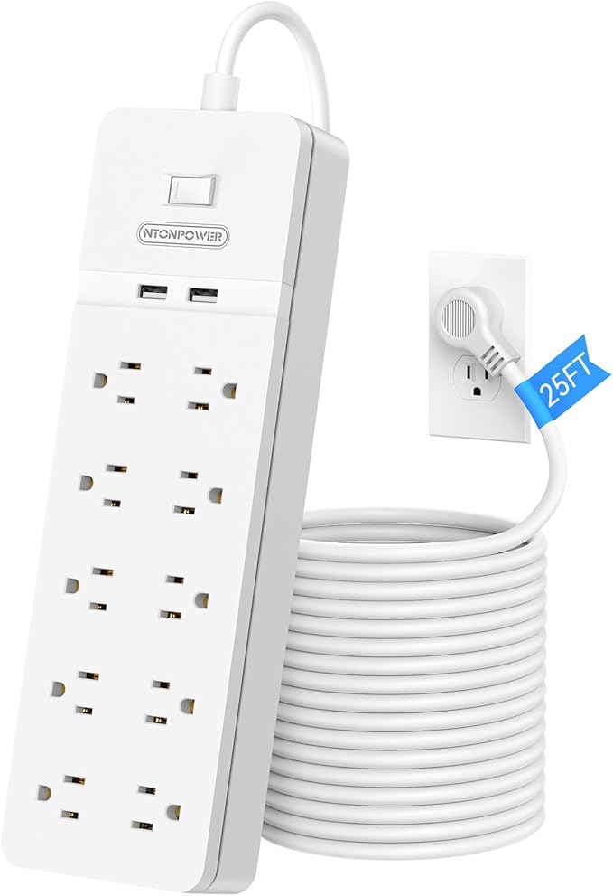 25 Ft Extension Cord ETL, NTONPOWER 2100J Surge Protector Power Strip with 10 AC Spaced Outlets 2 USB Ports, 1875W/15A Overload Protection, Wall Mountable for Indoor, Home, Office or Garage, White