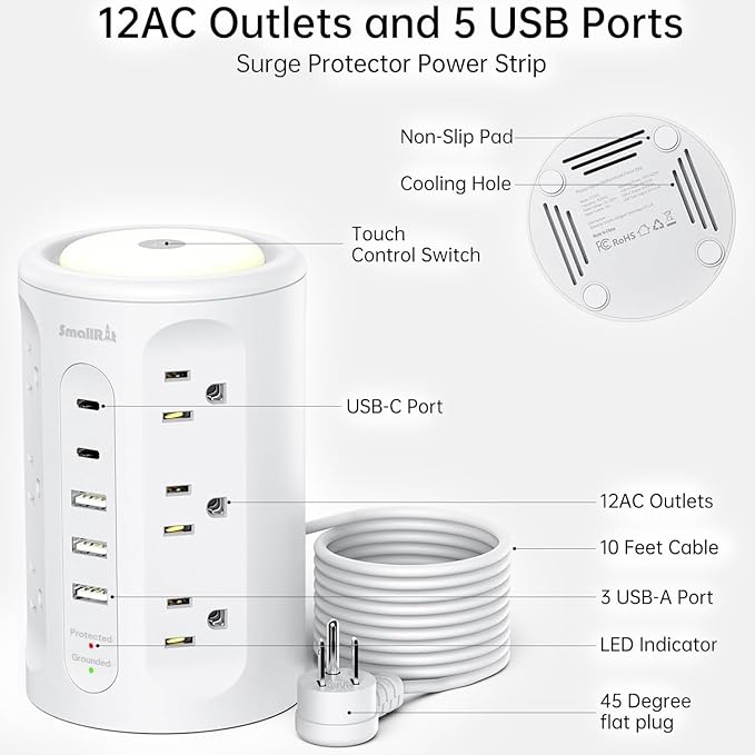 Power Strip Tower with Night Light, Surge Protector Tower with Multiple Outlets (12AC+3A+2C), 10 FT Extension Cord Charging Station for Home, Office, Dorm Essentials (White)
