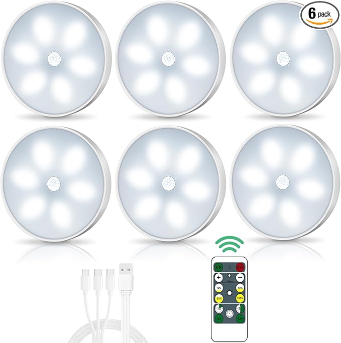 LED Closet Lights Wireless Motion Sensor Puck Light with Remote Control, Rechargeable Step Puck Lights,Dimmable Under Cabinet Indoor Lighting Magnet Stick-on Light for Counter Kitchen Wardrobe(6 Pack)