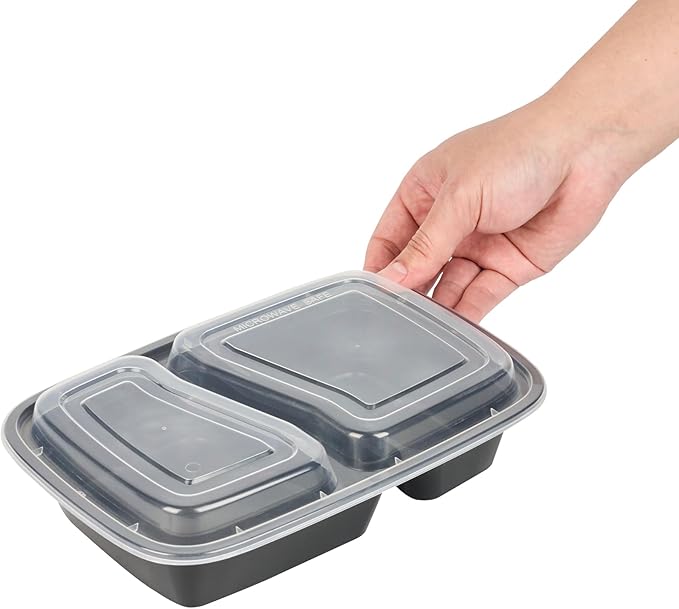 Restaurantware Asporto 32 Ounce Compartment Take Out Boxes, 50 Microwavable Meal Prep Containers - 2 Compartments, With Clear Plastic Lids, Black Plastic Food Containers, Do Not Contain BPA