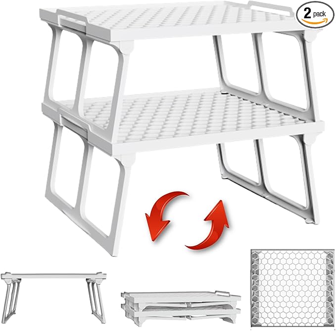 ums Plastic Kitchen Cabinet Shelf Organizer, White Plastic Stackable Freezer Rack, Shelf Riser, Usable Storage Rack for Your Spice, Refrigerator, Pantry (12 X 11 inch) Fridge Shelf Riser Pack Of 2