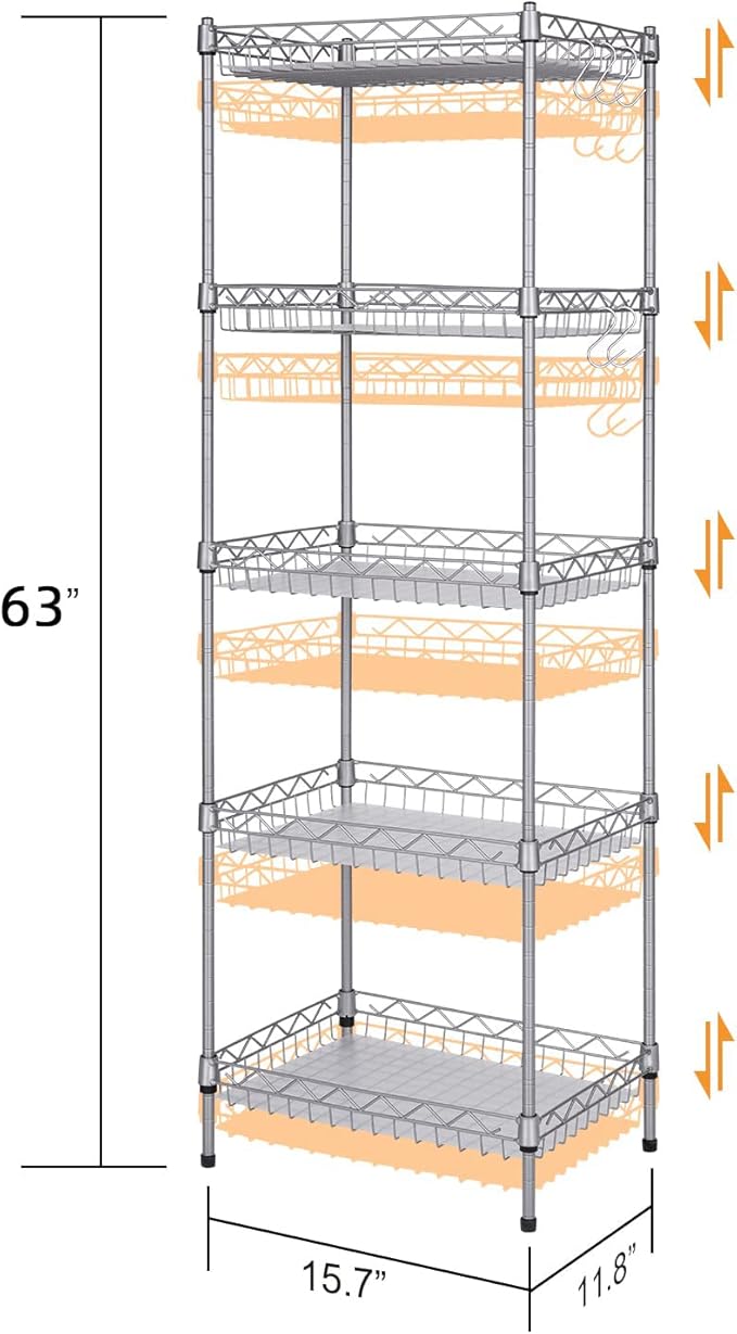 Storage Shelves, 5-Tier Wire Shelving Unit with Baskets Storage Rack Corner Shelf Shelving Adjustable Storage Shelf, 11.8" D x 15.7" W x 62.99" H,Silver