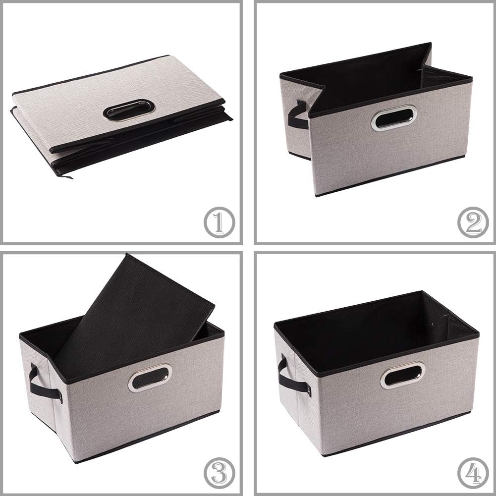 PRANDOM Fodable Storage Bins for Closet [3-Pack] Decorative Fabric Storage Baskets Cubes with Leather/Metal Handles for Shelves Bedroom Living Room Light Grey (11.5x8.5x6.7 Inch)