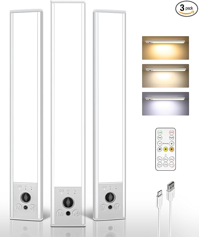EZVALO 3 Pack Under Cabinet Lighting, 2400mAh Rechargeable Motion Sensor Light, 10inch Magnetic Closet Lights with Dimmable & 3 Color Temps, Wireless Motion Activated Lights with Remote for Kitchen