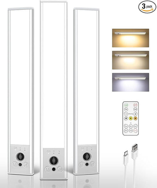EZVALO 3 Pack Under Cabinet Lighting, 2400mAh Rechargeable Motion Sensor Light, 10inch Magnetic Closet Lights with Dimmable & 3 Color Temps, Wireless Motion Activated Lights with Remote for Kitchen