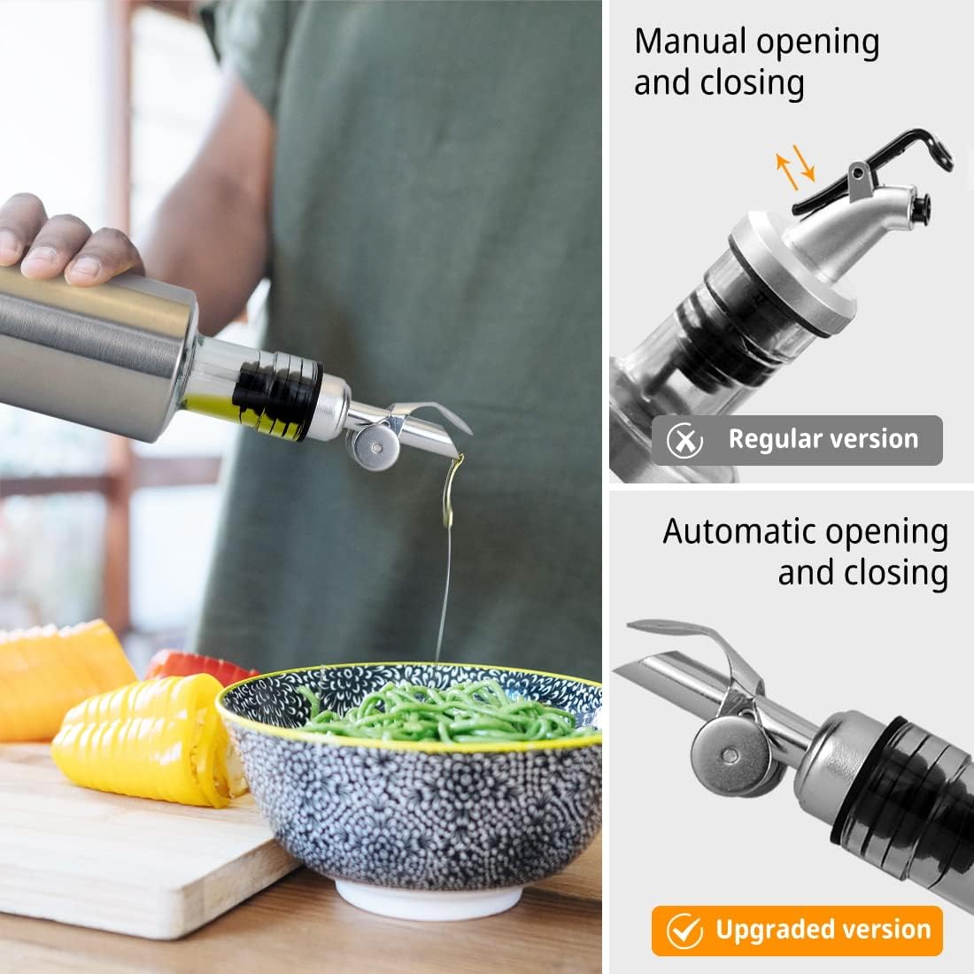 MEETSWEET olive oil spout, olive oil dispenser spout, stainless steel automatic opening and closing spout, leak-proof, for olive oil, vinegar, wine and other liquid bottles (silver1pcs,gold1pcs)…