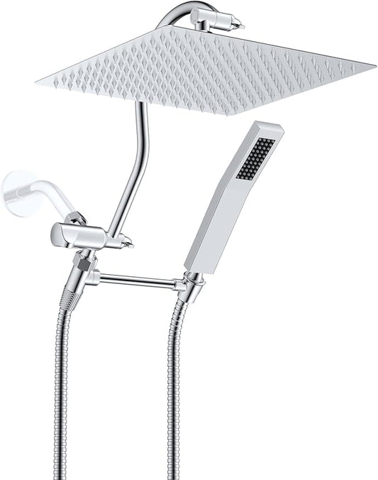 Hibbent All Metal Shower Head, 12'' High Pressure Rainfall Shower Head, Showerhead Combo, Handheld Shower Wand, 12'' Adjustable Curved Shower Extension Arm, 71'' Hose, Shower Head Holder, Chrome