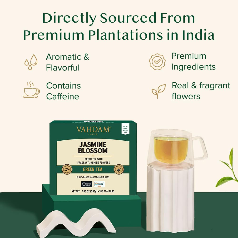 VAHDAM, Jasmine Green Tea Bags (100 Count) Med Caffeine, Non GMO | High Grown Green Tea Blended w/Pure Jasmine Flowers | Resealable Ziplock Pouch
