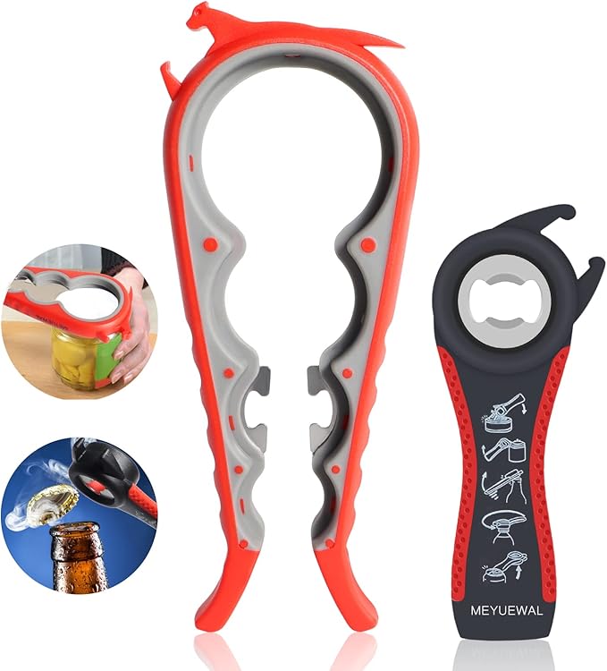 6 in 1 Lid Opener - Bottle, Jar, & Can Opener for Seniors with Arthritis or Weak Hands - Heavy Duty & Smooth Edge, Red