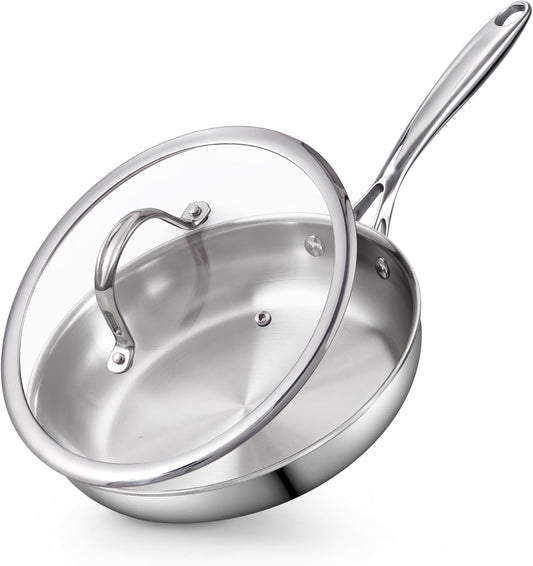 Cooks Standard Stainless Steel Frying Pan with Lid, 8-Inch Multi-Ply Clad Wok Stir Fry Pan, Kitchen Skillet, Silver