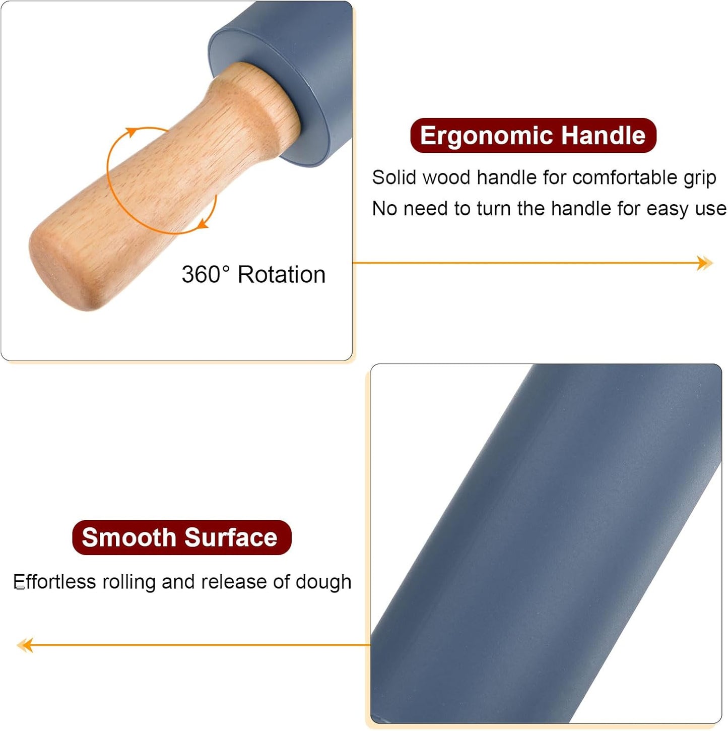 HARFINGTON Silicone Rolling Pins for Baking 15 Inch Wooden Handle Non Stick Rolling Pin Small Roller Playdough Rolling Pins for Dough Pizza Pastry Fondant Kitchen, Drak Blue