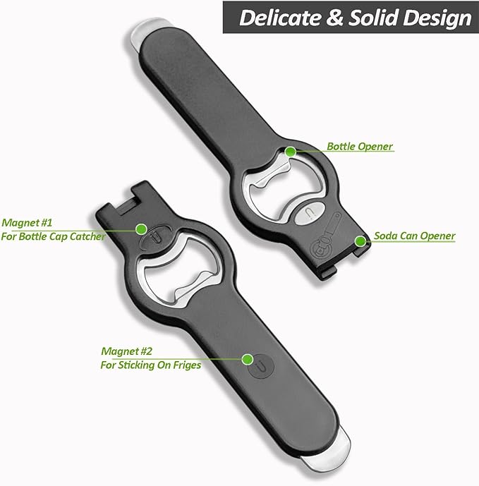 2-in-1 Magnetic Soda Can & Beer Bottle Opener-Dual Magnets for Fridge & Cap Catcher, Heavy Duty Stainless Steel, Perfect for Big Hands,Long nails, RV, Bartender, Gift for Father, Black, Openpro 2 Pack