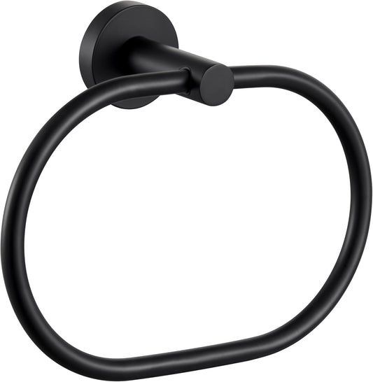 APLusee Matte Black Towel Ring, Stainless Steel Oval Hand Towel Holder for Bathroom Kitchen, Wall Mounted