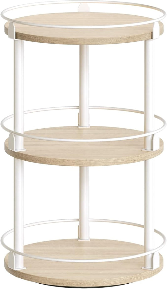 Lazy Susan Organizer, Rotating Spice Rack, 3 Tier Spice Turntable Organizer, Industrial Turntable Spice Holder, for Kitchen Countertop, Compact and Versatile, White and Light Oak SR23WG