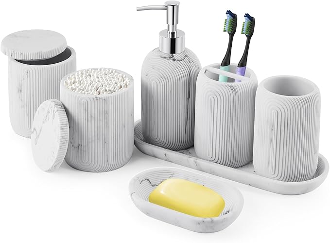 Bathroom Accessories Set - 7-Piece Resin Bathroom Set, Toothbrush Holders Set, Soap Dispenser, Qtip Holder Dispenser, Tumbler, Soap Dish & Tray, Modern Bath Decor for Home Dorm Hotel (Marble White)