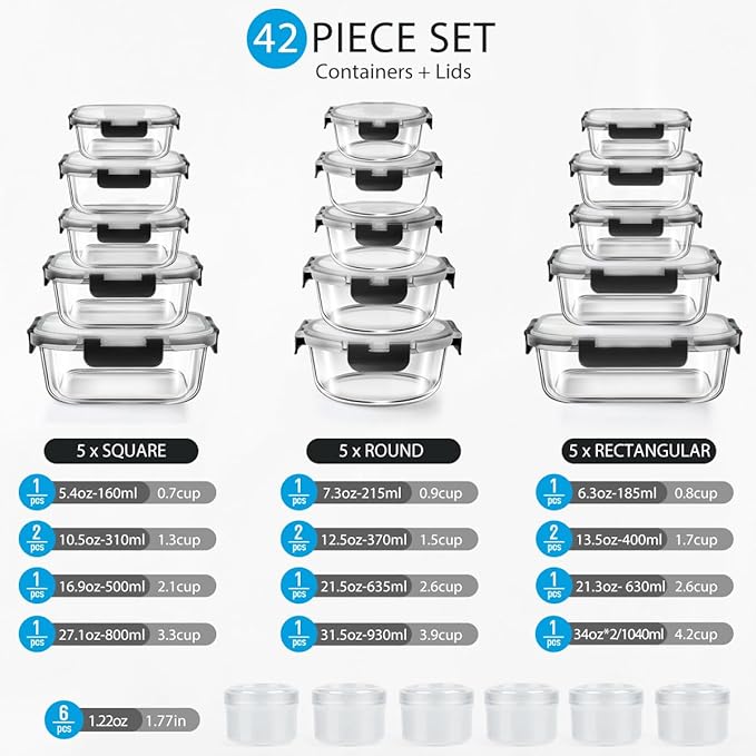42pcs Glass Food Storage Containers with Snap Locking Lids Set, Glass Meal Prep Containers (21 Container & 21 Lids),Leak Proof Lunch Containers BPA-Free,Black