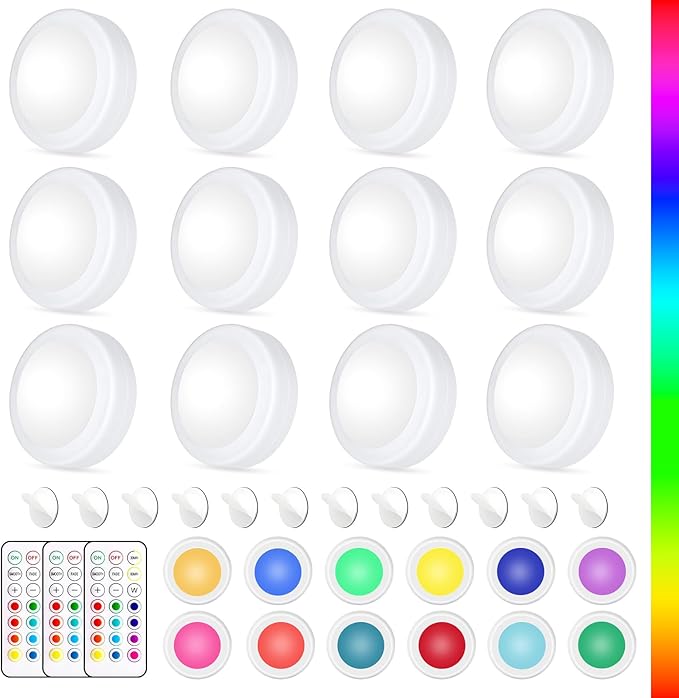 Yiliaw LED Puck Lights with Remote Control, AA Battery Operated, 12 Color Closet Under Cabinet Lighting, Push Tap Light, Under Counter for Kitchen, 12 Pack, White-Magnetic