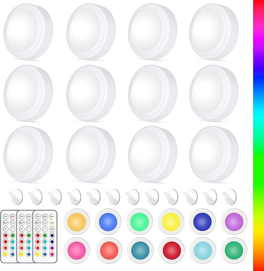 Yiliaw LED Puck Lights with Remote Control, AA Battery Operated, 12 Color Closet Under Cabinet Lighting, Push Tap Light, Under Counter for Kitchen, 12 Pack, White-Magnetic
