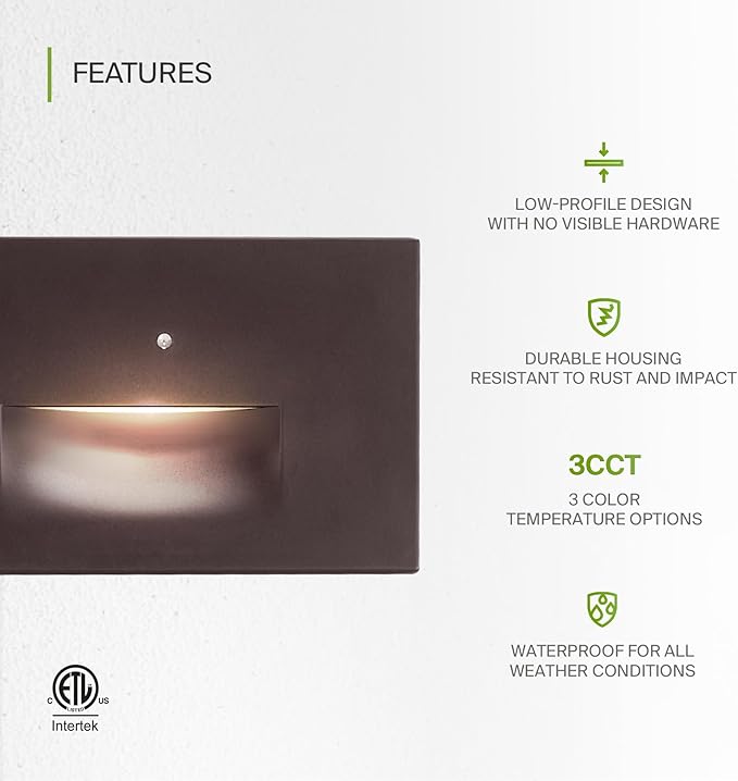 ASD LED Recessed Step Light Fixture, Dusk to Dawn Outdoor Stair Tread Lighting | 3CCT, Photocell, Waterproof, ETL Listed | 3W 120LM 3000K-5000K 120V | Staircase Hardwired Illumination | Dark Bronze