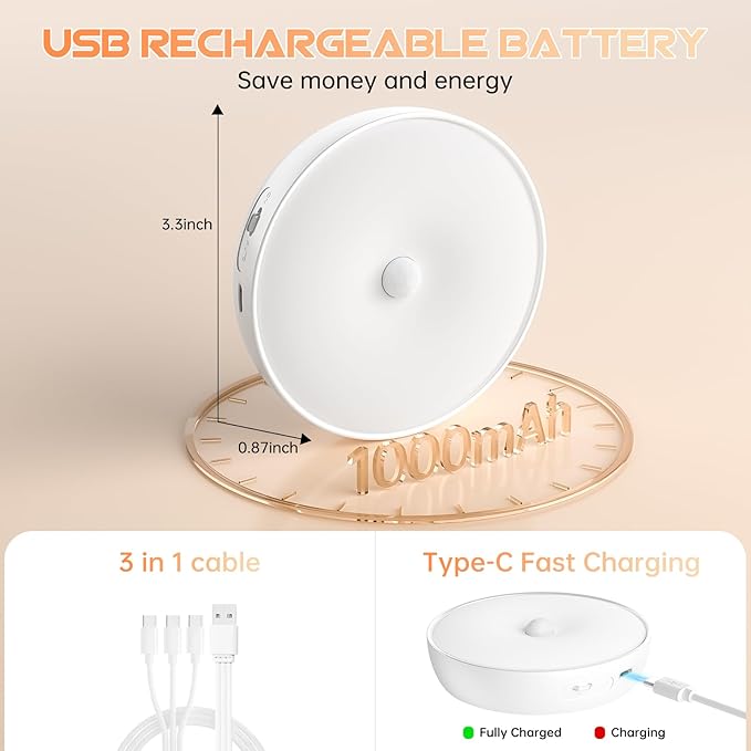 Warm Color LED Closet Lights Wireless Motion Sensor Puck Light, USB Rechargeable Battery Operated Puck Step Lights with Remote, Dimmable Under Cabinet Lighting for Counter Wardrobe Kitchen (6 Pack)
