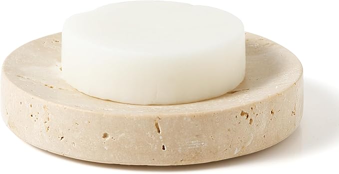 WORHE Marble Soap Dishes Natural Travertine Stone Sponge Holder for Bathroom Tub Shower Kitchen Sink, Handcraft Round Soap Case Trinket Plate Jewelry Tray Coaster for Home Decor Color Beige (WH046)