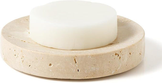 WORHE Marble Soap Dishes Natural Travertine Stone Sponge Holder for Bathroom Tub Shower Kitchen Sink, Handcraft Round Soap Case Trinket Plate Jewelry Tray Coaster for Home Decor Color Beige (WH046)