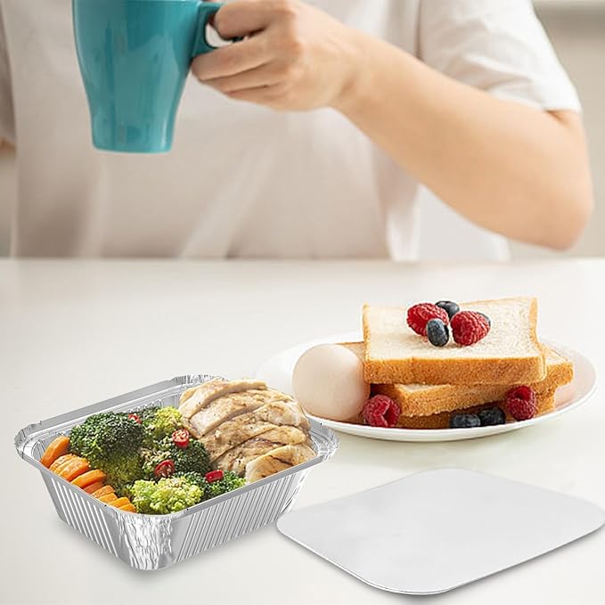 100 Pack 2 lb Disposable Aluminum Foil Pans Meal Prep Take Out Food Containers with Paper Lids for Catering, Baking, Roasting Food, Freezer Safe