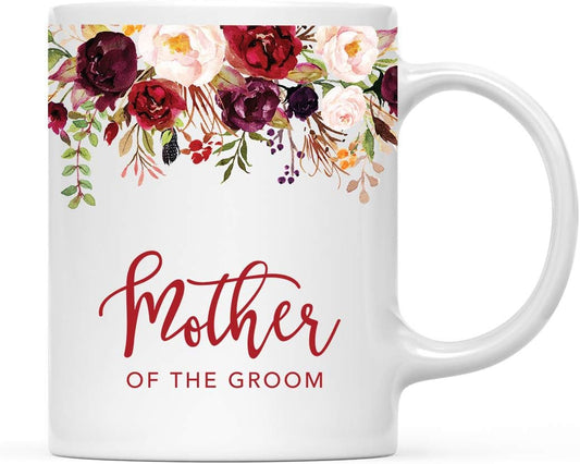 Andaz Press 11oz. Wedding Ceramic Coffee Tea Mug Gift, Fall Autumn Marsala Burgundy Flowers Roses Florals, Mother of the Groom, 1-Pack, Includes Gift Box