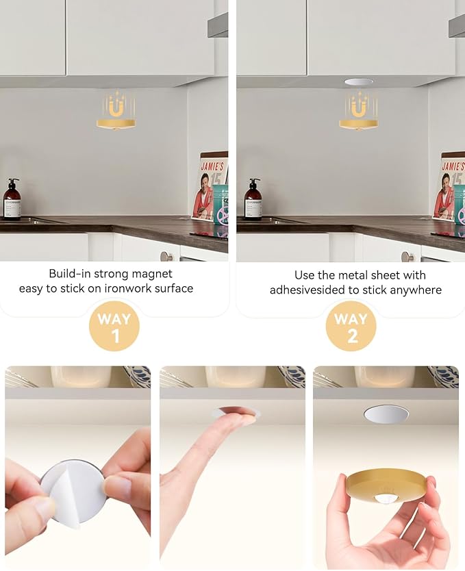 Rechargeable RGB Puck Lights with Remote Control, 1500mAh Battery Operated Push Lights, Dimmable & Timer Under Cabinet Lighting for Closet, Bedroom, Kitchen Gold 6Pcs