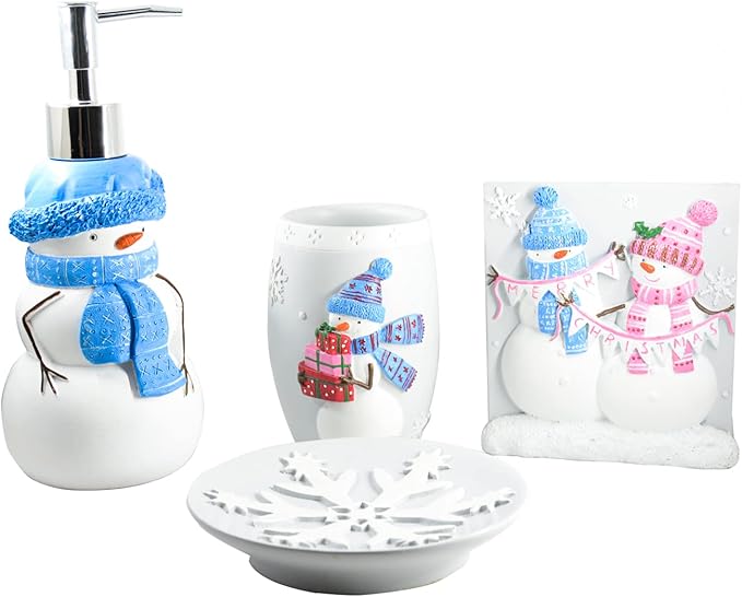Christmas Bathroom Accessories Snowman Bath Set with Soap Dispenser,Toothbrush Holder, Bath Tumbler and Snow Soap Tray White