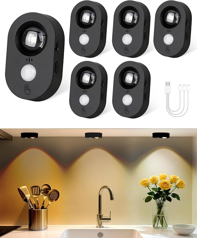 Yiliaw LED Motion Sensor Puck Lights Indoor, Small Rechargeable Under Cabinet Lighting, Dimmable Warm White Closet Lights, Stick on Wireless Night Light for Drawer, Shelf, Kitchen, Black (6 Pack)