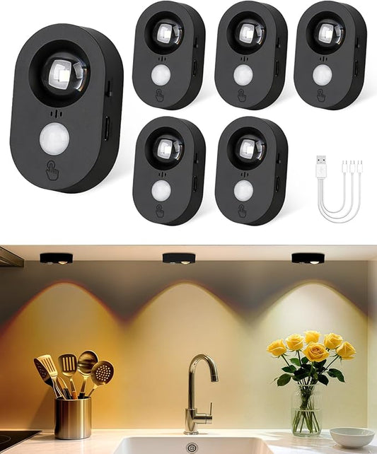 Yiliaw LED Motion Sensor Puck Lights Indoor, Small Rechargeable Under Cabinet Lighting, Dimmable Warm White Closet Lights, Stick on Wireless Night Light for Drawer, Shelf, Kitchen, Black (6 Pack)