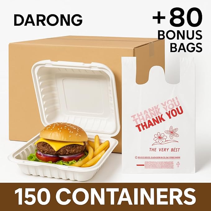 Darong 9x9x3 Clamshell Food Containers with Lids – 150 per Case + 80pcs Bonus Thank You T-Shirt Bags | Disposable Takeout Boxes, 1 Compartment, Microwave & Refrigerator Safe, 100% Recyclable