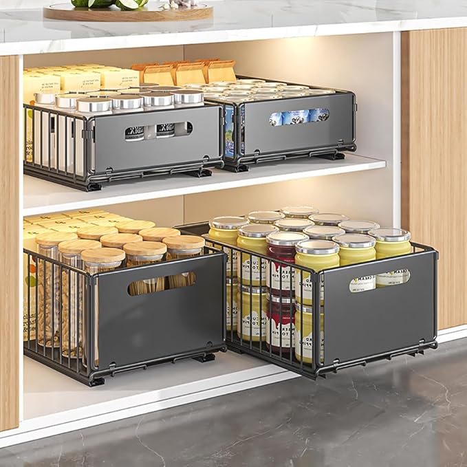 Pull Out Cabinet Organizer Slide Out Drawer Storage Shelves Cupboard Organiser Sliding Cabinet Basket for Kitchen No Drilling and Nailing (Black, 1Piece 9.8" W X15 D X 7.5" H)