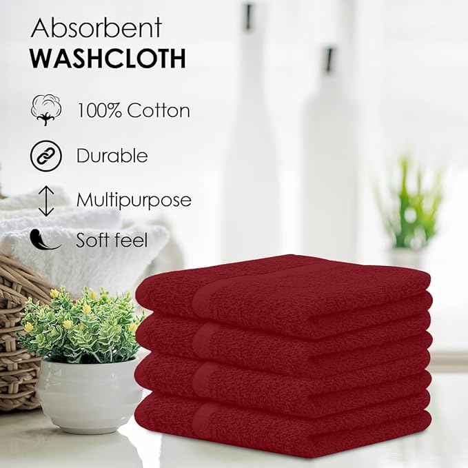 Avalon Towels Cotton Washcloths – (Pack of 24) Size 12x12 Inches, 100% Ring Spun Cotton, Soft & Absorbent Face Towels, Gym Towels, Hotel and Spa Quality, Reusable Fingertip Towels (Red)