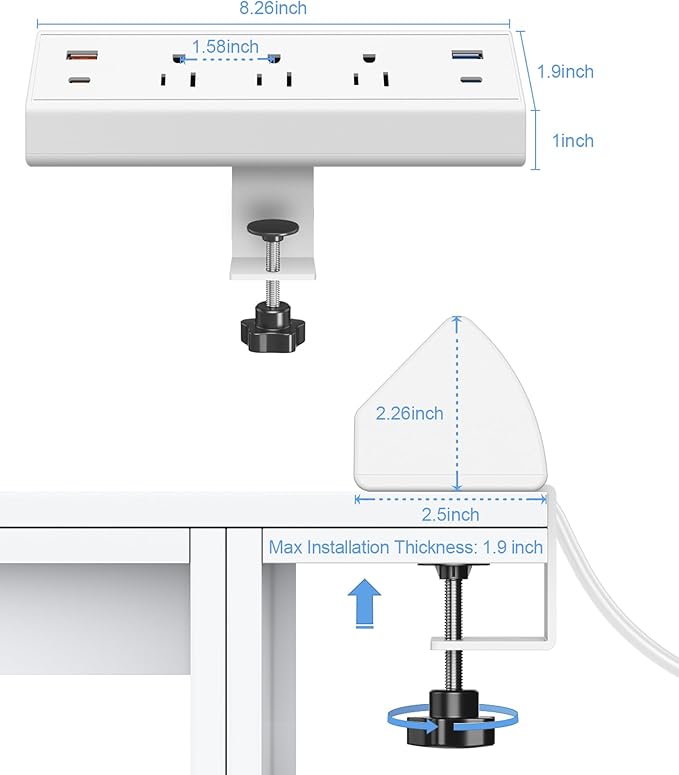 Desk Clamp Power Strip,40W Fast Charging Station,Desktop Mount Surge Protector,2 PD 20W USB C Ports,3 Outlets for Home,Office,Fit 1.9" Tabletop Edge (White, 3 Outlets & 4 USB Ports & 20 FT Cable)