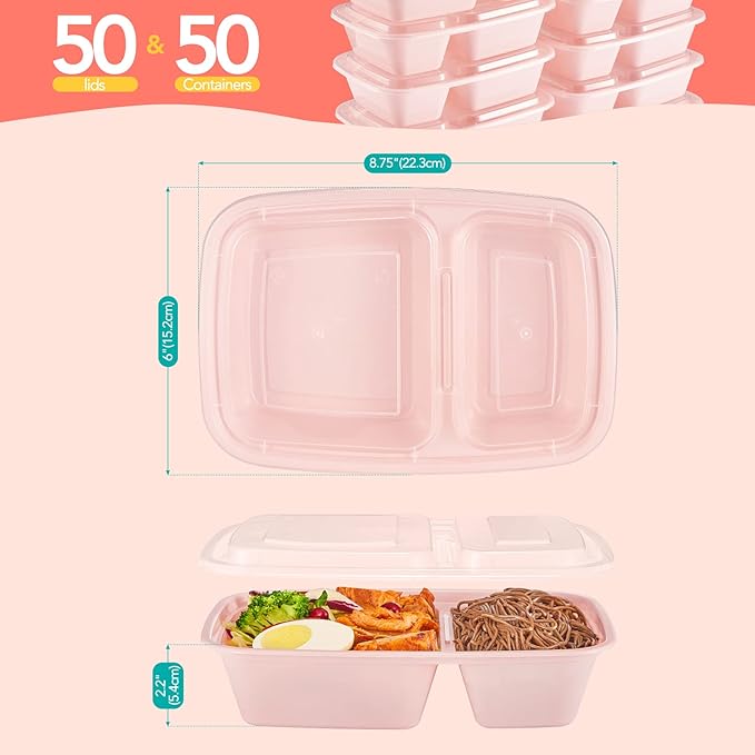 50 Pack Pink Meal Prep Containers 2 Compartments, Glotoch 32OZ to Go Containers for Food, Disposable Plastic Food Containers with Lids for Microwave Dishwasher Freezer Safe