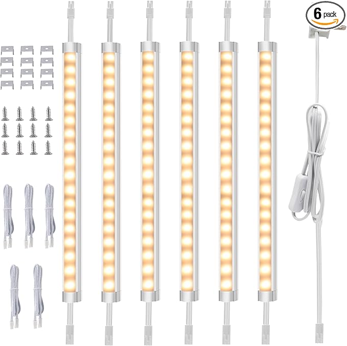 AIBOO Under Cabinet Lighting, Dimmable 12 inch Under Counter Lights, 120V Plug in & Hardwired, Linkable LED Closet Lights for Kitchen, Shelf, Workbench, Desk,Cupboard,Garage (6 PCS), Warm White 3000K