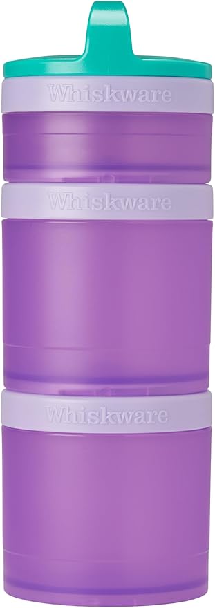 Whiskware Stackable Snack Containers for Kids and Toddlers, 3 Stackable Snack Cups for School and Travel, Green/Purple/Purple